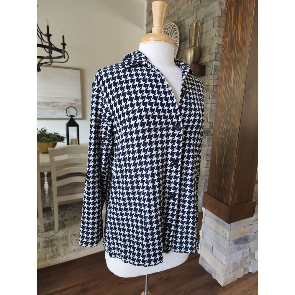 VTG 90s Medium Houndstooth Button Front Knit Cardigan Jacket Black White